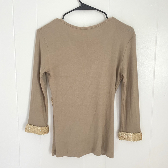 Y2K Taupe Babydoll Top M NWT Gold Sequin Trim Fitted Long Sleeve Stretchy - Picture 2 of 7